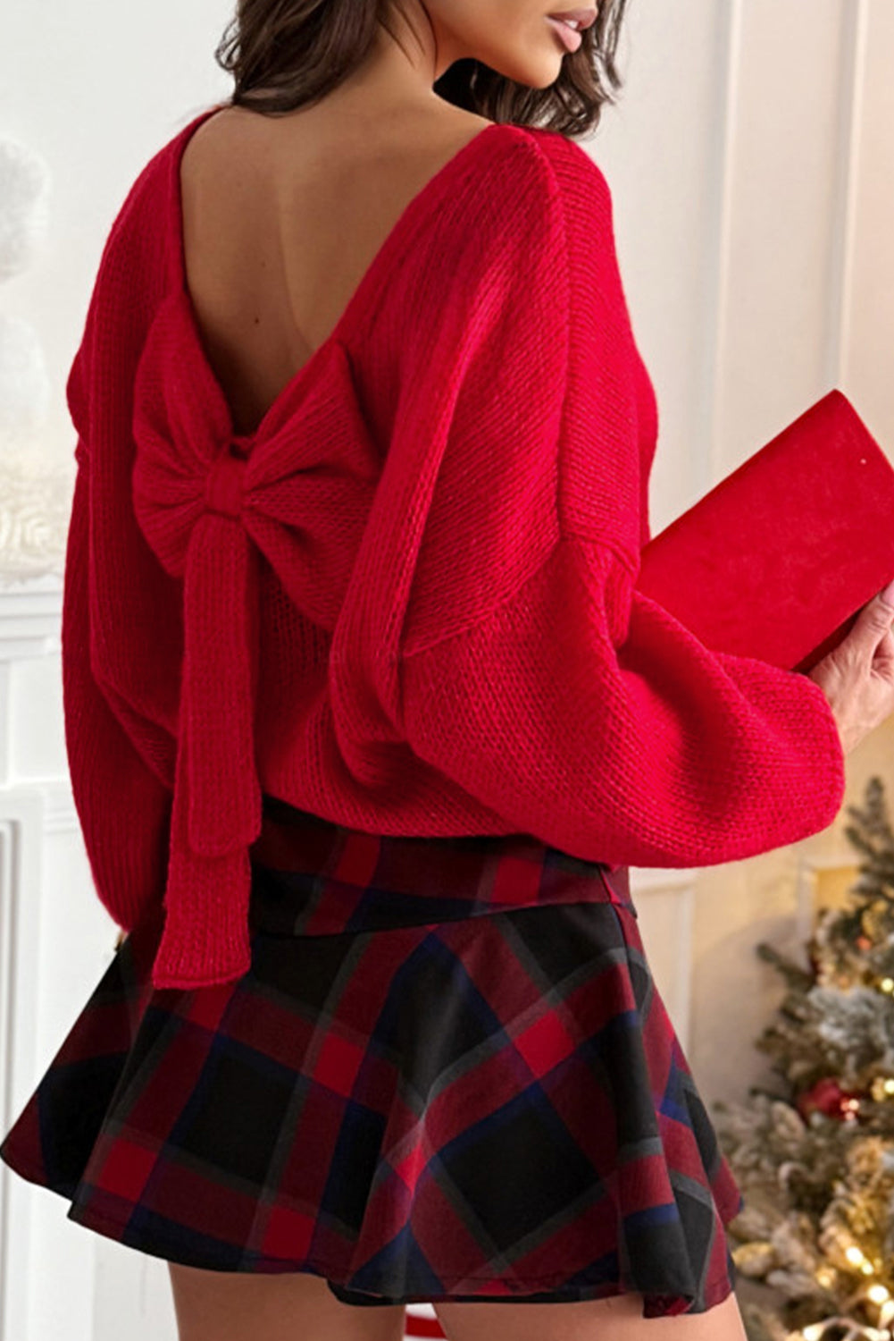 Bonbon Festive Bow Backless Bubble Sleeve Sweater