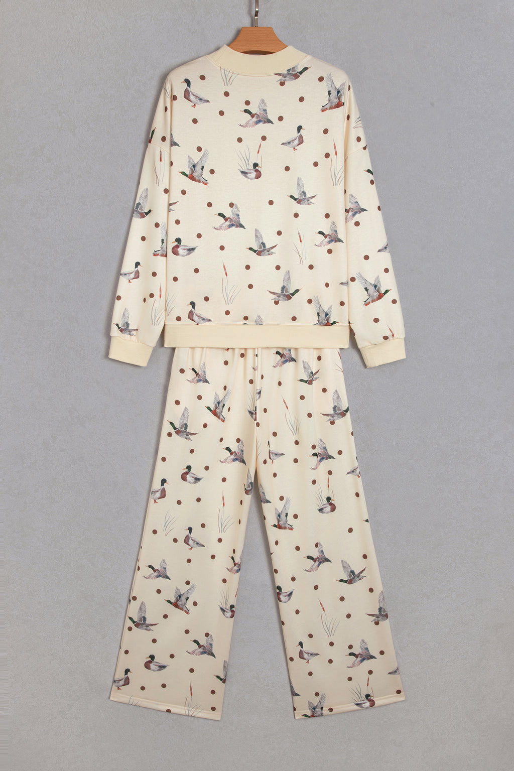 Beige Polka Dot Mallard Print Crewneck Pullover Two Piece Pants Set