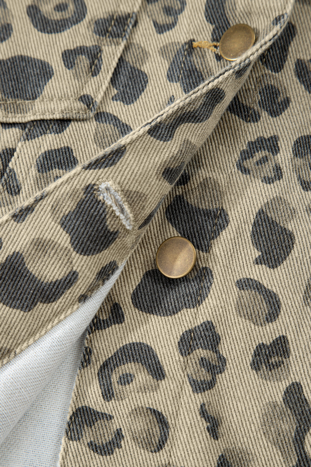 Khaki Retro Leopard Print Seam Detail Button Down Denim Jacket