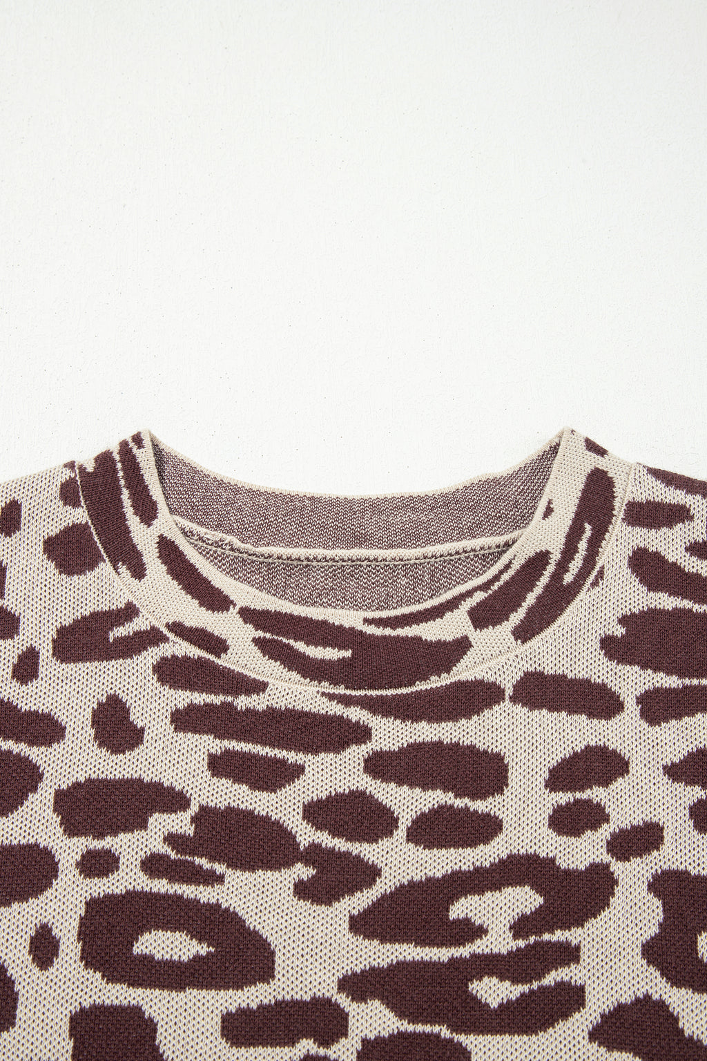 Khaki 100% Cotton Leopard Print Short Sleeve Knit Loose Pullover Sweater