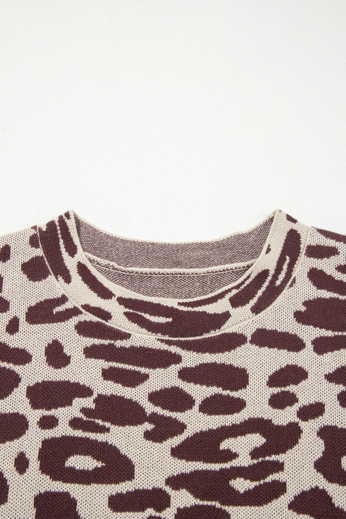 Khaki 100% Cotton Leopard Print Short Sleeve Knit Loose Pullover Sweater
