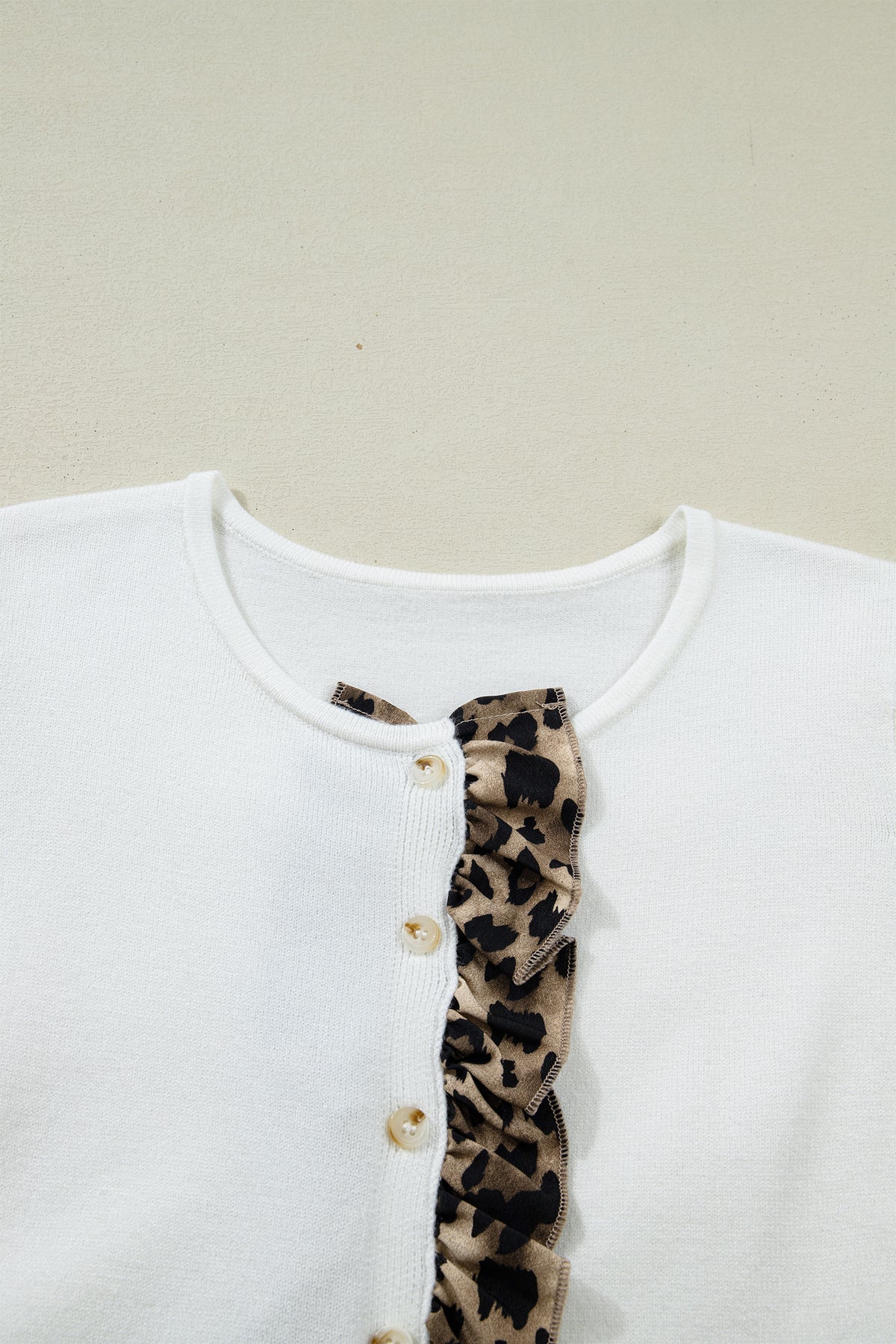 White Knitted Leopard Ruffle Patchwork Button Down Cropped Cardigan