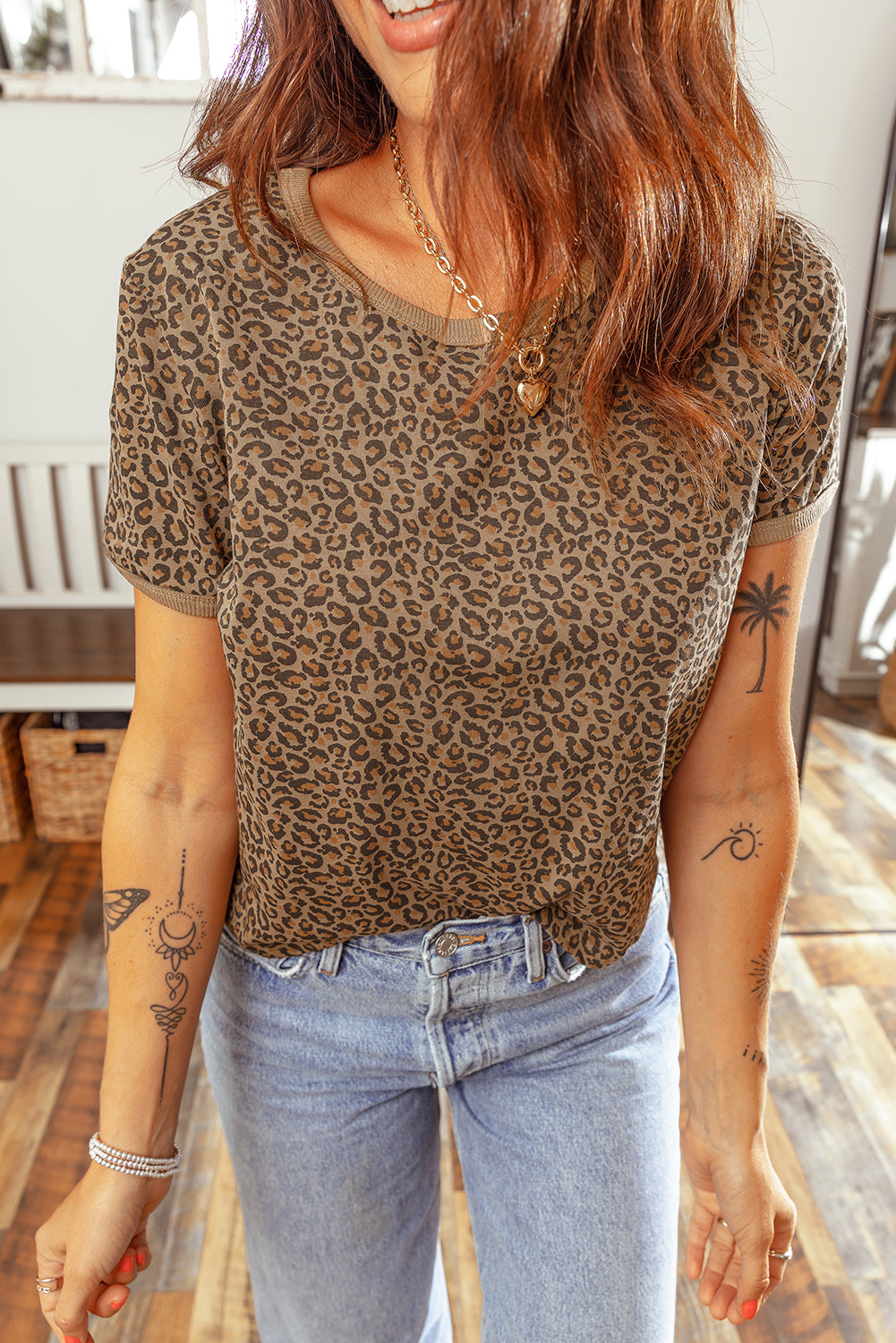 Khaki Fierce Leopard Crew Neck T Shirt