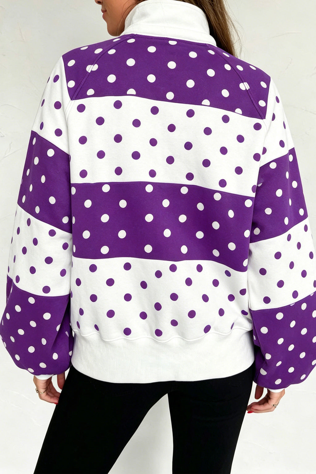 Red Polka Dot Colorblock Half Zip Puff Sleeve Pullover Sweatshirt
