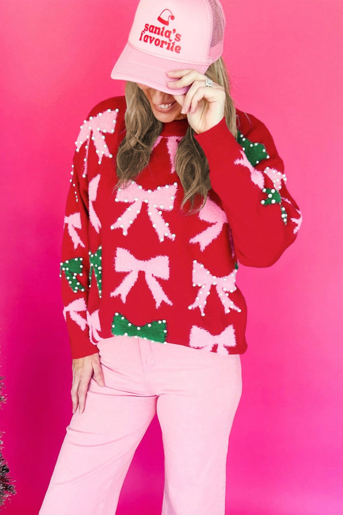 Fiery Red Bow Pearl Embellished Christmas Holiday Sweater