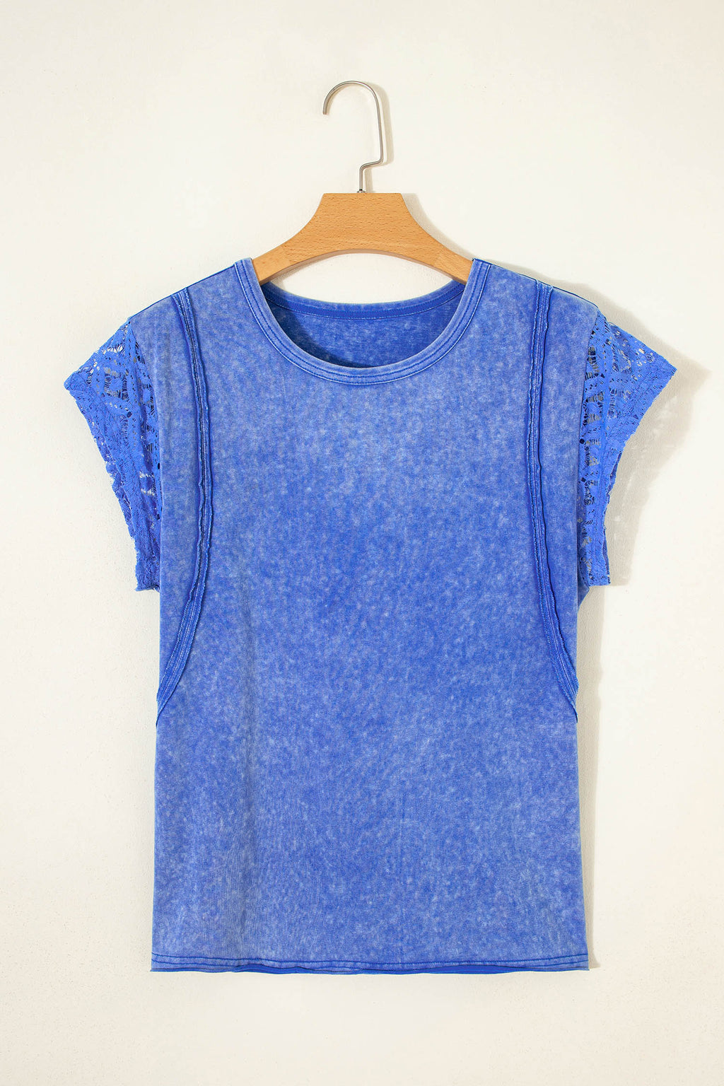 Sky Blue 100% Cotton Mineral Wash Raw Seam Lace Sleeve Tee