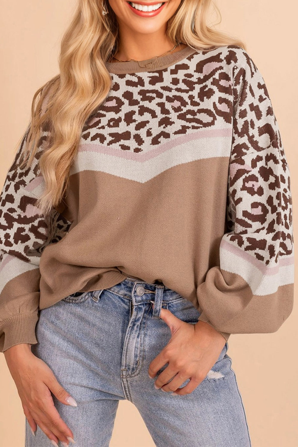 Straw Yellow Leopard Color Block Knit Round Neck Baggy Sweater