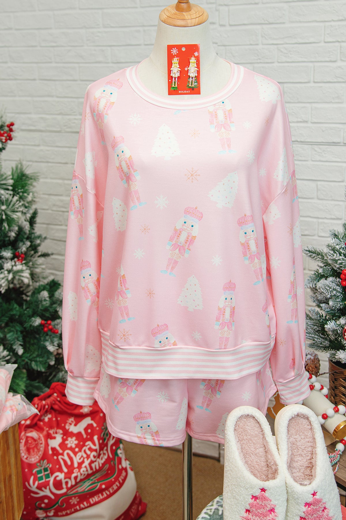 Pink Christmas Tree Nutcracker Doll Print Contrast Trim Long Sleeve Top Matching Shorts Set