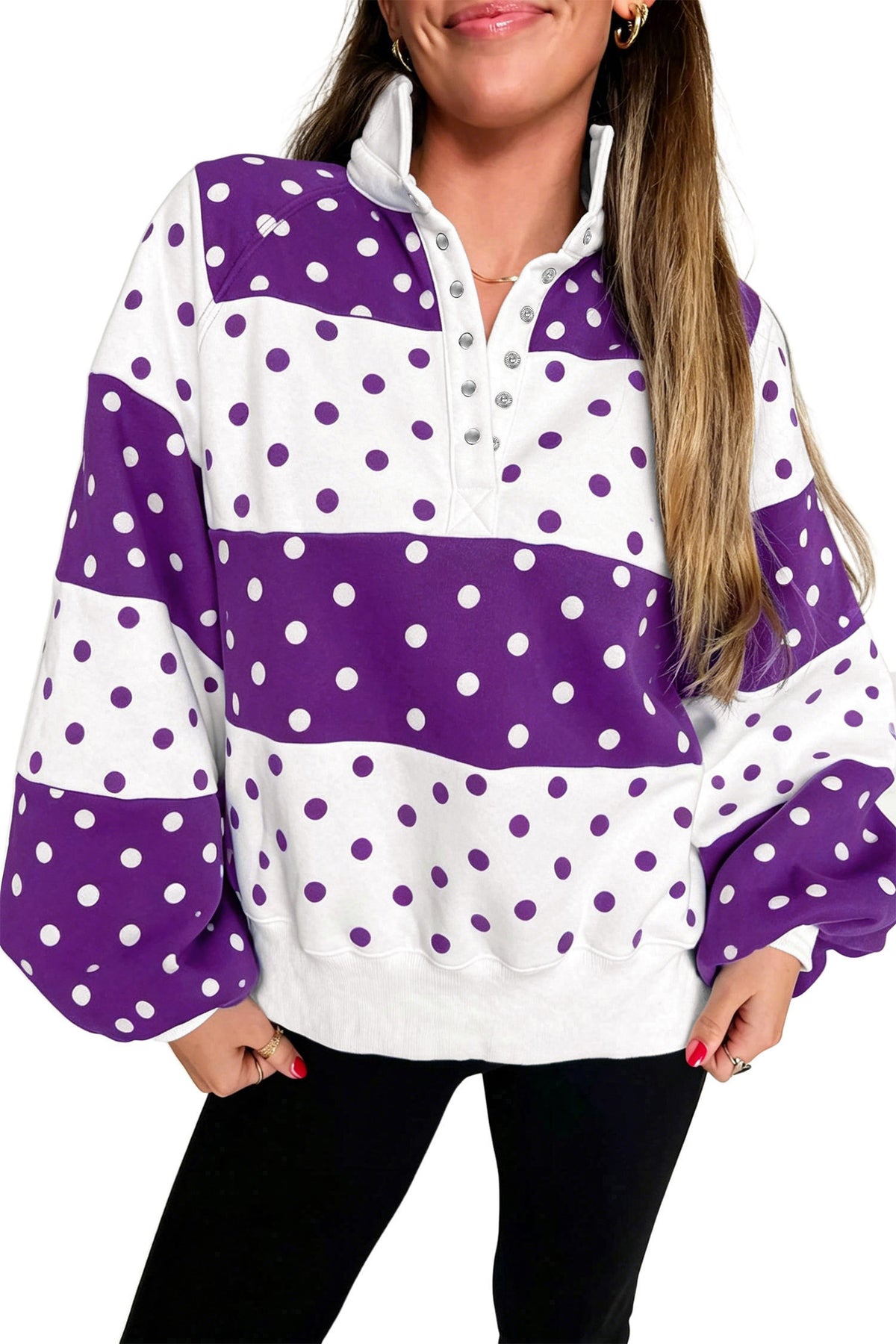 Red Polka Dot Colorblock Half Zip Puff Sleeve Pullover Sweatshirt