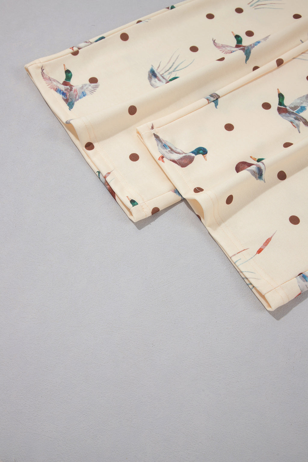 Beige Polka Dot Mallard Print Crewneck Pullover Two Piece Pants Set