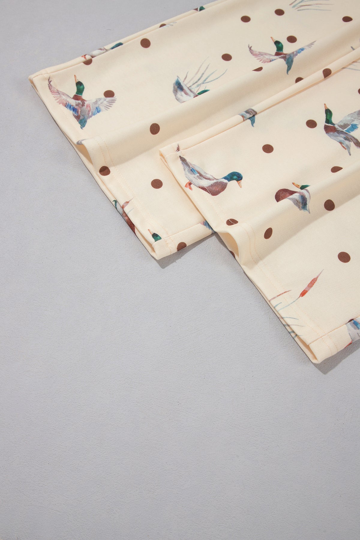 Beige Polka Dot Mallard Print Crewneck Pullover Two Piece Pants Set
