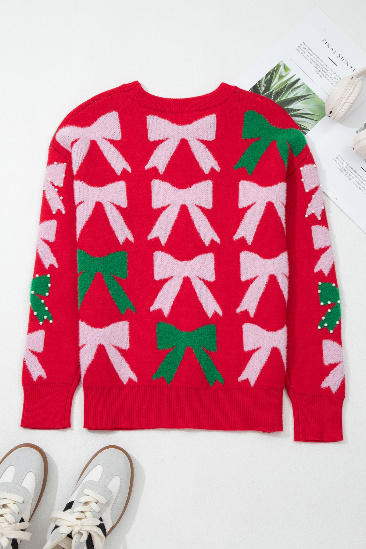 Fiery Red Bow Pearl Embellished Christmas Holiday Sweater