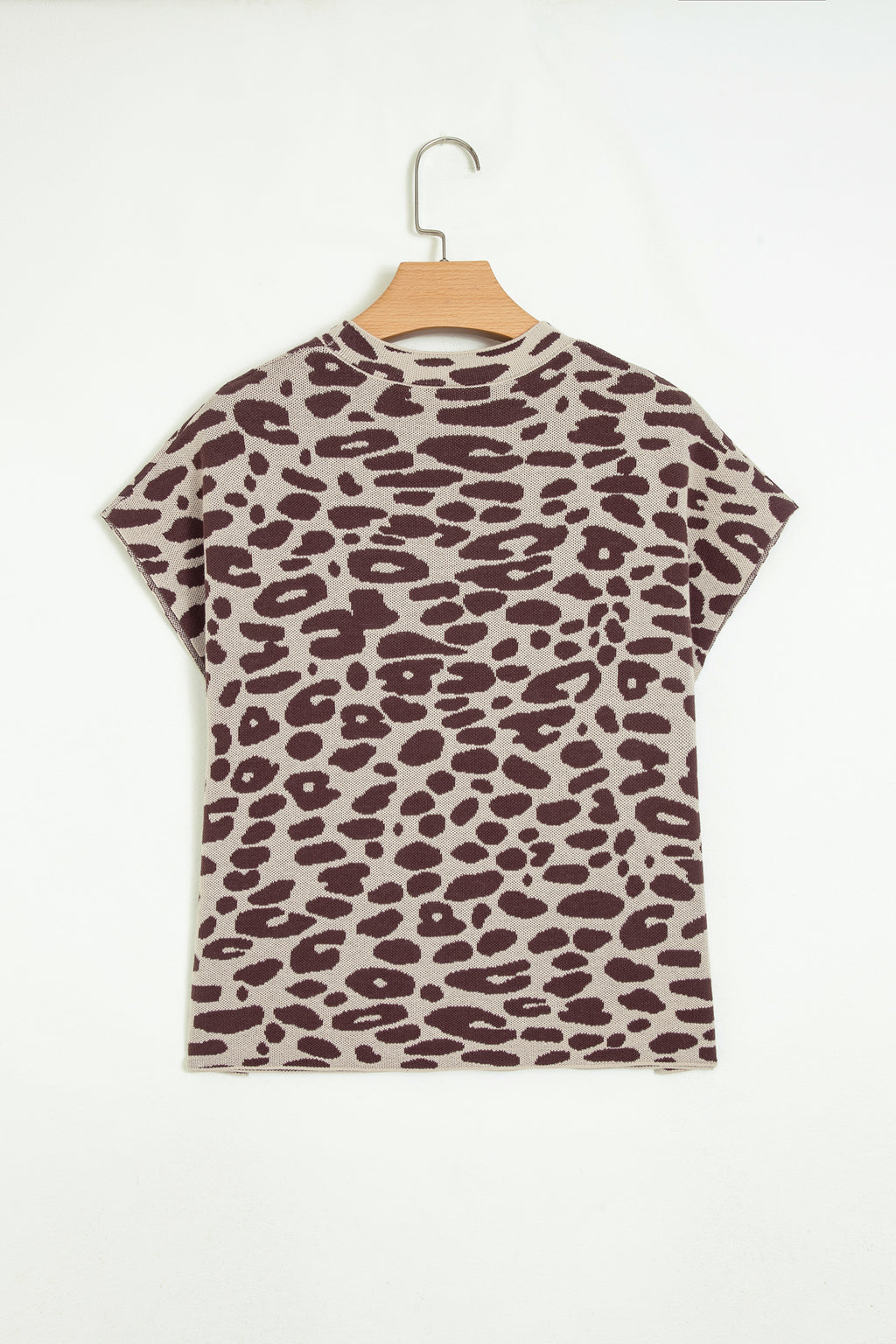 Khaki 100% Cotton Leopard Print Short Sleeve Knit Loose Pullover Sweater