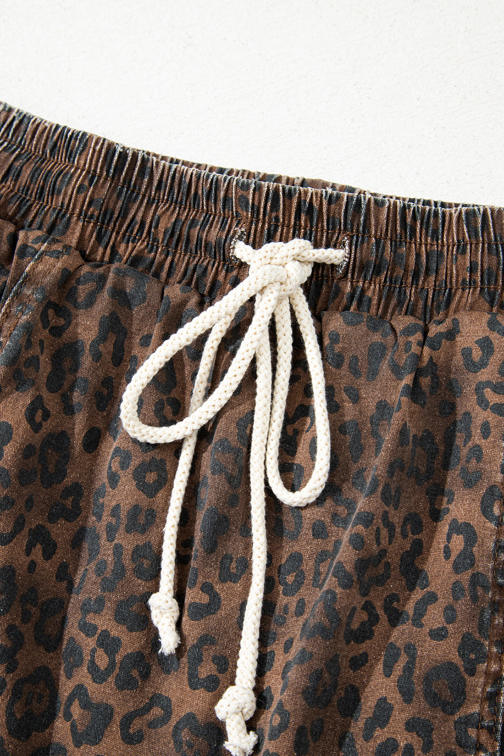 Brown Leopard Print Elastic Waistband Drawstring Denim Skort