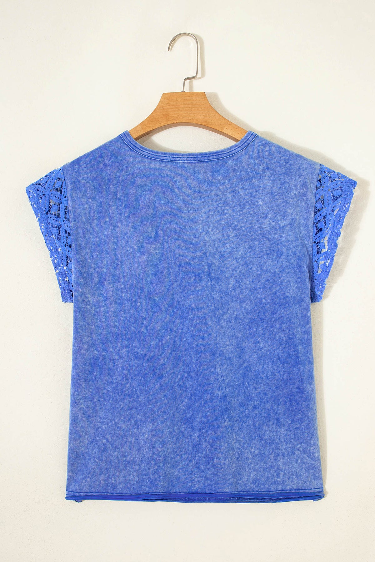 Sky Blue 100% Cotton Mineral Wash Raw Seam Lace Sleeve Tee