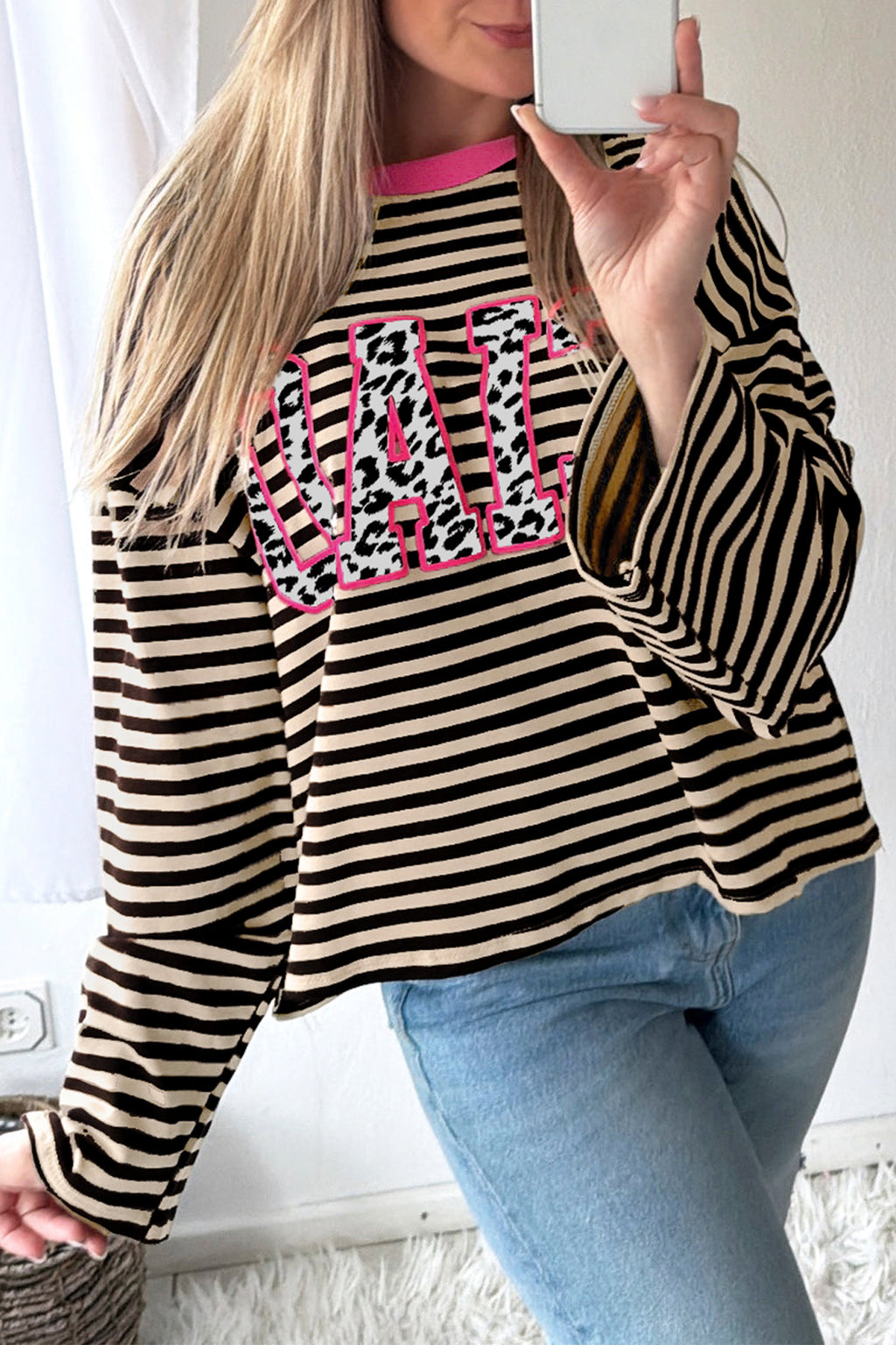 Beige Stripe Leopard Accent CIAO Letter Graphic Long Sleeve Shift Top