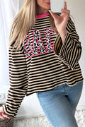 Beige Stripe Leopard Accent CIAO Letter Graphic Long Sleeve Shift Top