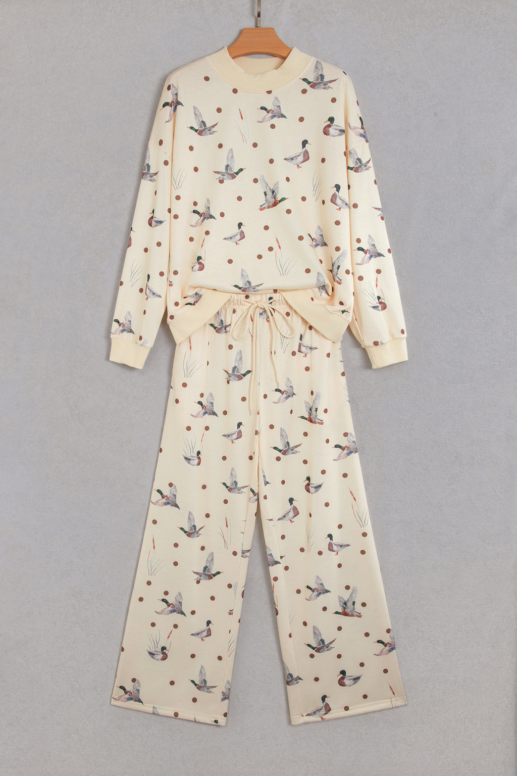 Beige Polka Dot Mallard Print Crewneck Pullover Two Piece Pants Set