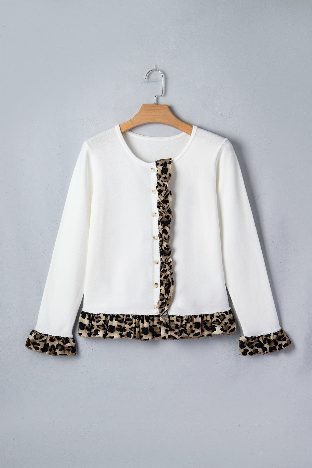 White Knitted Leopard Ruffle Patchwork Button Down Cropped Cardigan