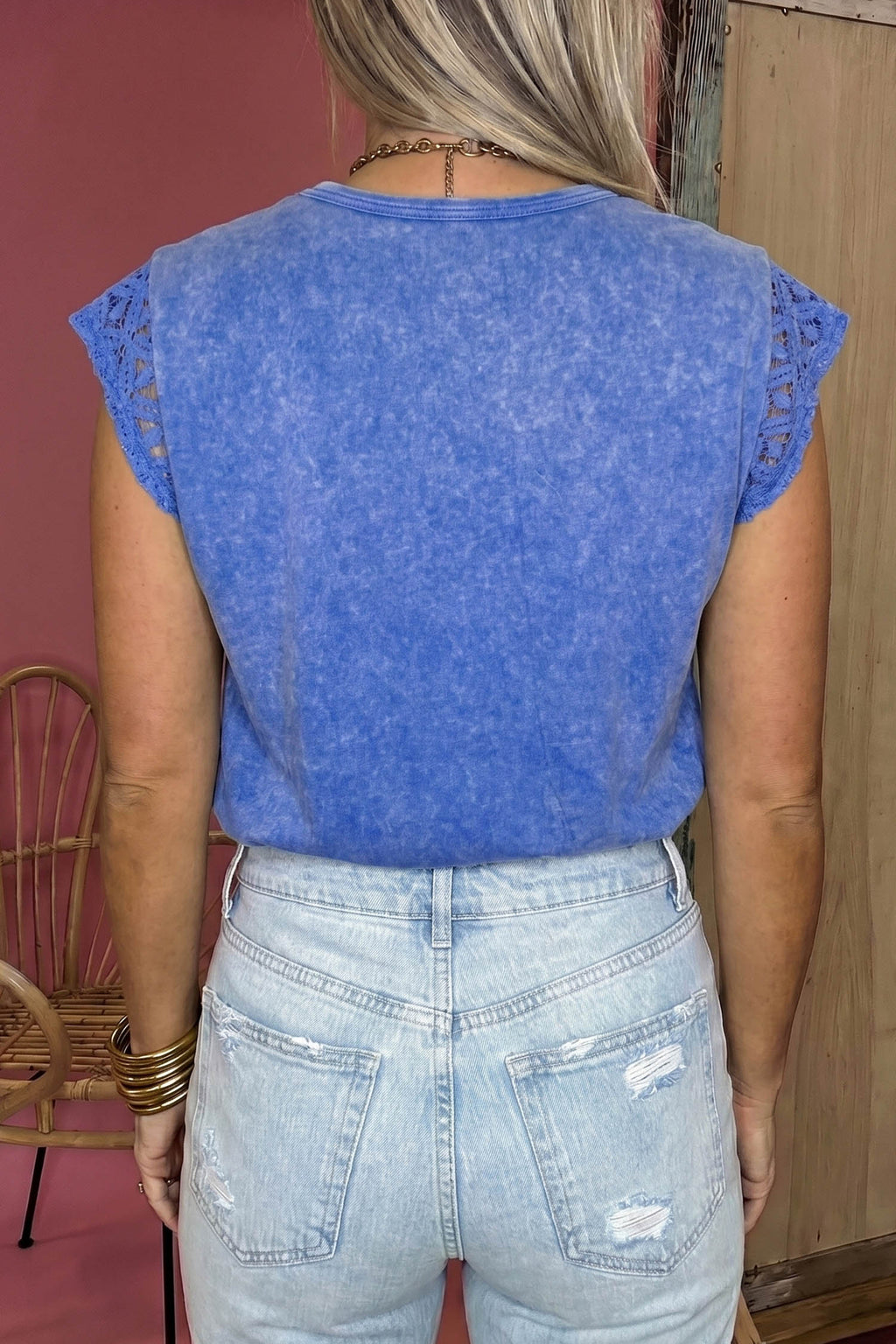 Sky Blue 100% Cotton Mineral Wash Raw Seam Lace Sleeve Tee