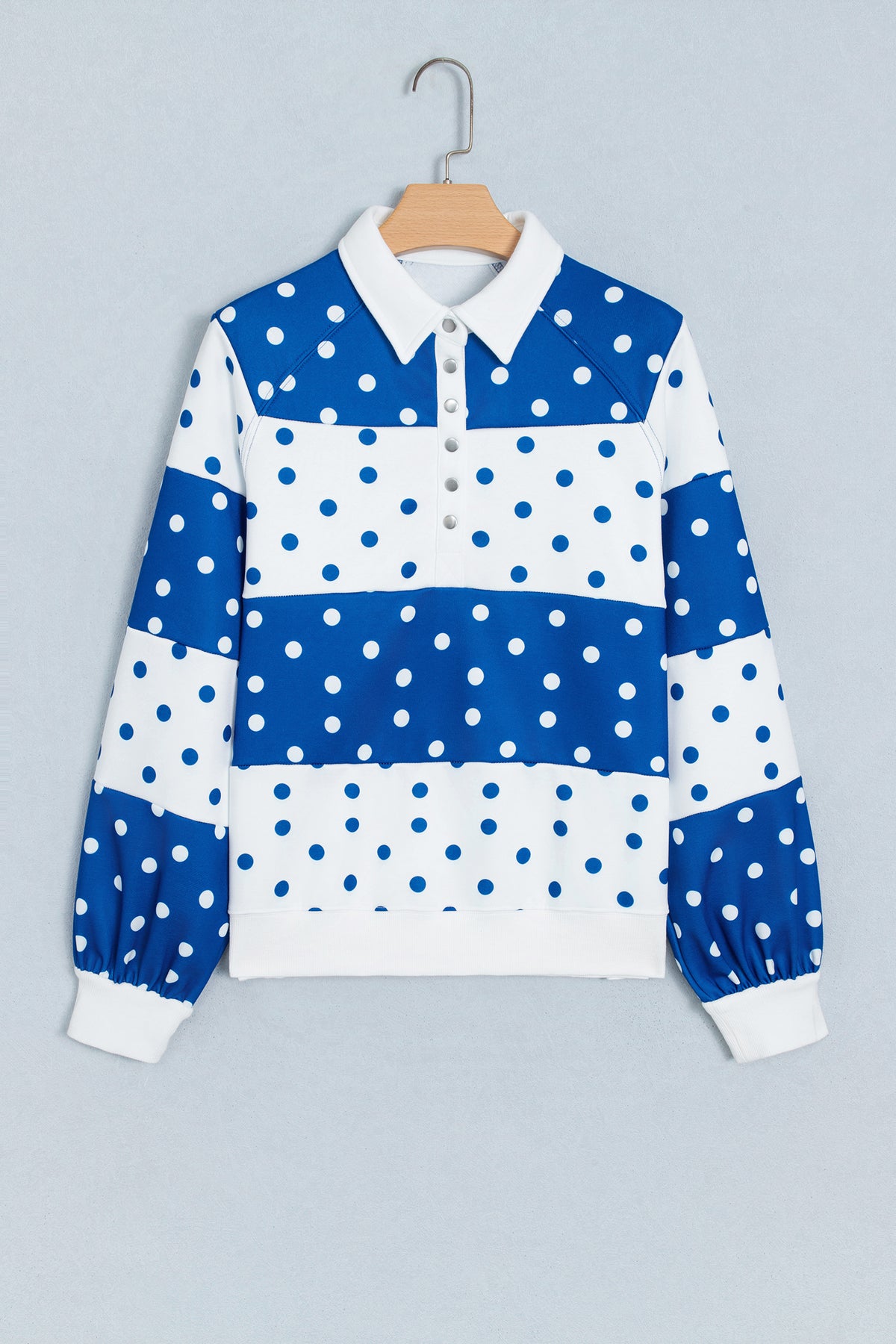 Red Polka Dot Colorblock Half Zip Puff Sleeve Pullover Sweatshirt