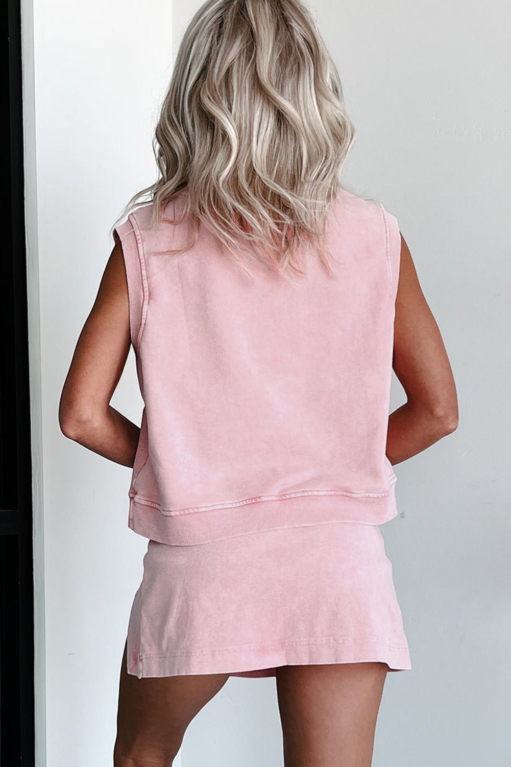 Light Pink 100% Cotton Solid Color Washed Sleeveless Top Split Skort Cotton 2pcs Outfit