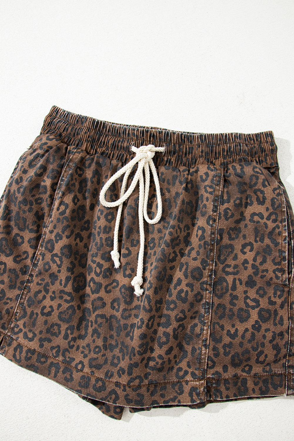 Brown Leopard Print Elastic Waistband Drawstring Denim Skort