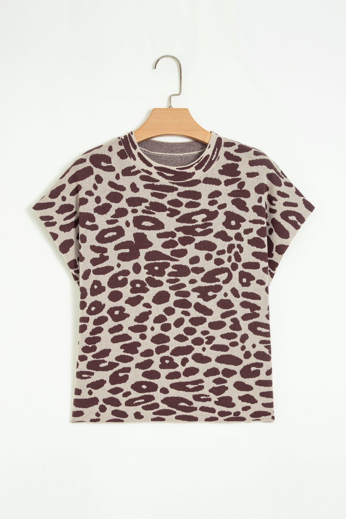 Khaki 100% Cotton Leopard Print Short Sleeve Knit Loose Pullover Sweater
